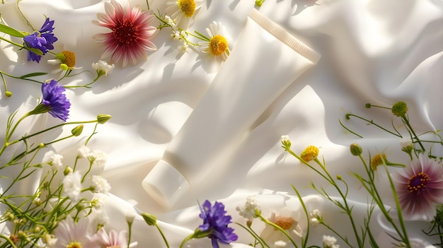 White cosmetic tube of cream or lotion with wildflowers on white bed background with sunlights