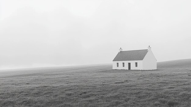 White Cottage in Foggy Field