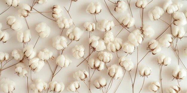 White cotton flowers create a delicate pattern on a white background