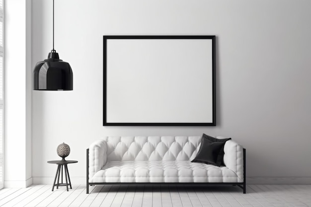 A white couch in a living room with a black lamp and a black lamp.