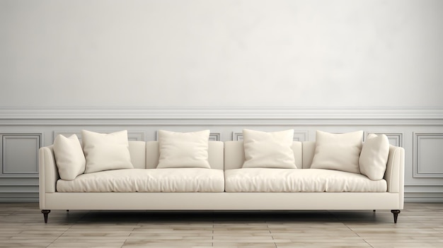 A white couch in a living room with a white wall behind it.