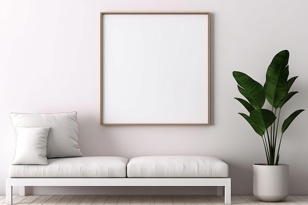 a white couch and a plant in a room with a blank picture frame generative ai