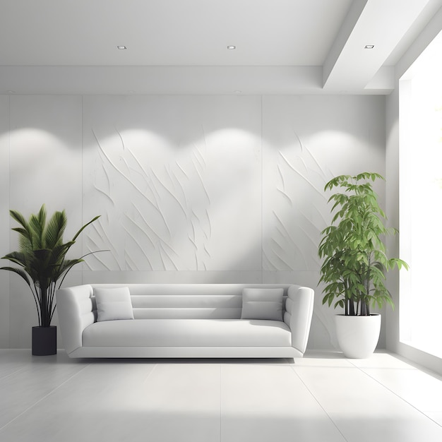 A white couch in a room with a plant in the corner.