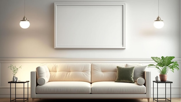 White couch with a blank frame on the white wall cozy living room