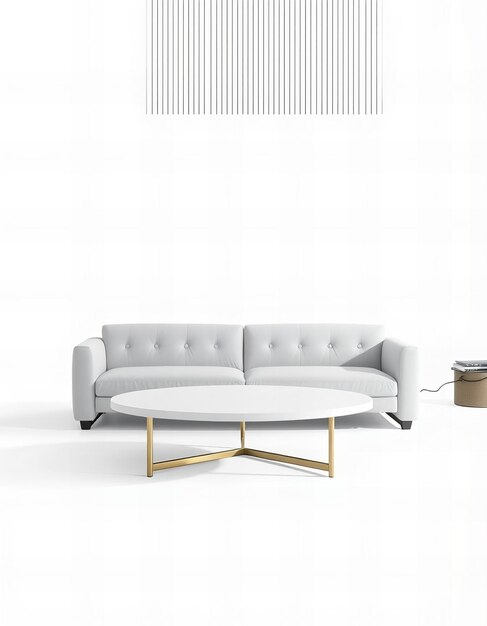 Photo a white couch with a coffee table and a coffee table on the wall