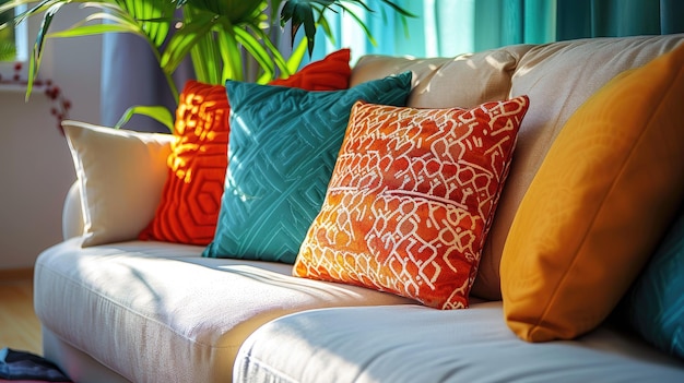 A white couch with colorful throw pillows in a living room setting Sunlight shines through the window