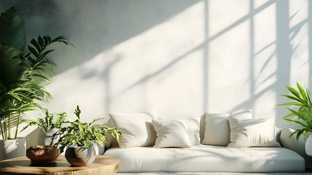 Photo white couch with green plants in a minimalist living room 3d illustration