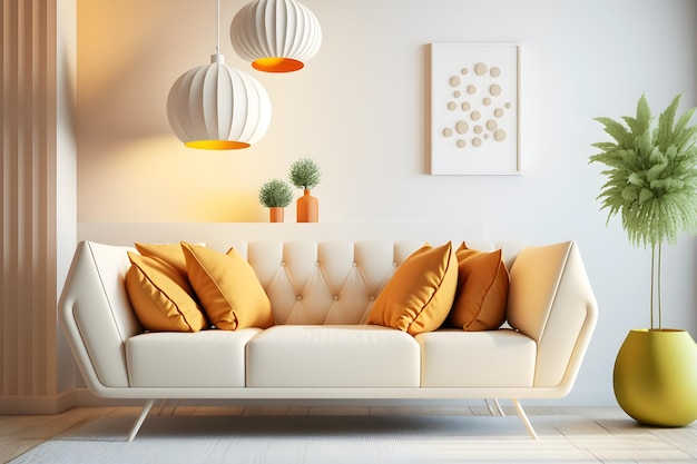 A white couch with orange pillows and a white lamp on the wall.