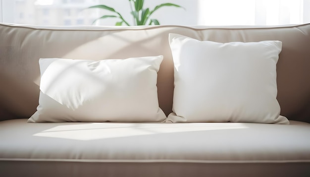 Photo a white couch with pillows and a green plant in the background