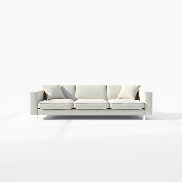 a white couch with pillows on it and a white background