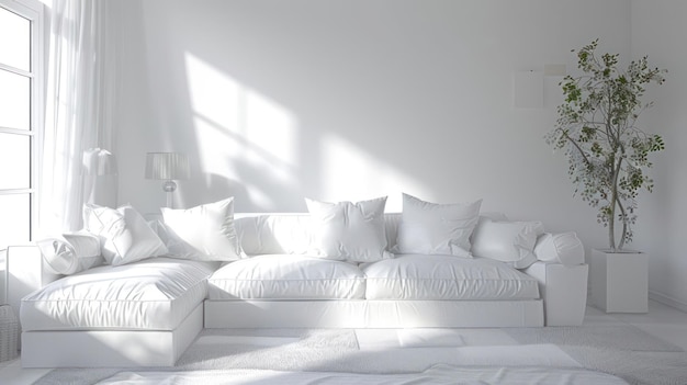 Photo a white couch with pillows sits in a minimalist living room with a large window a potted plant and a lamp