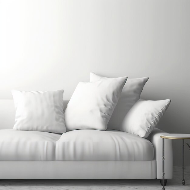 A white couch with pillows and a small side table on it.