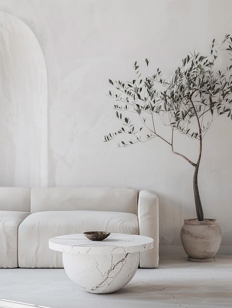 Photo a white couch with a plant on it and a vase with birds on it