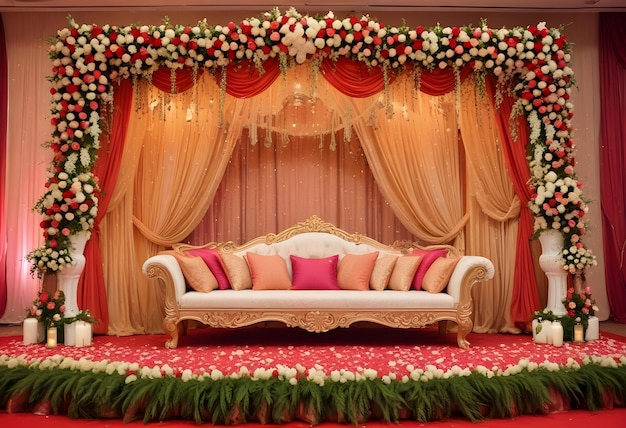 a white couch with red pillows and a gold frame with a garland on it