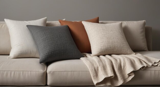 Photo a white couch with several pillows on it and one has a white pillow on it