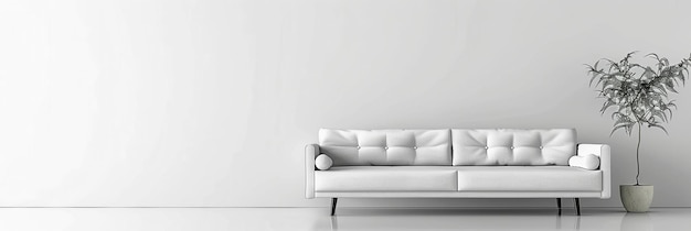 Photo a white couch with two pillows sits in front of a blank white wall with a tall green plant in a pot to the right generative ai