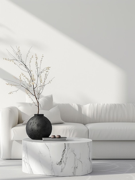 a white couch with a vase with a plant in it