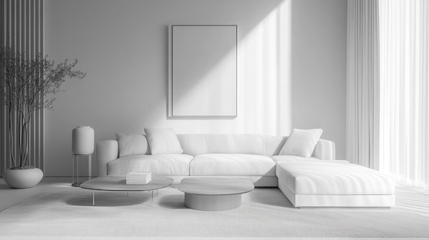 Photo a white couch with white pillows and a picture on the wall