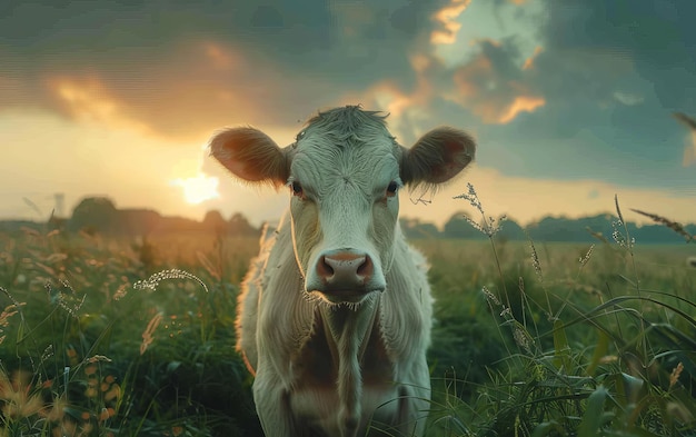 A White Cow in a Green Field at Sunset