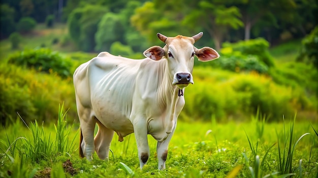 White cow on a green meadow isolated on a blurry green nature background High Quality image