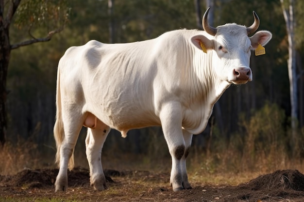 A white cow with horns stands in a field.