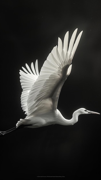 Photo white crane in flight against black background nature photography for poster or print design