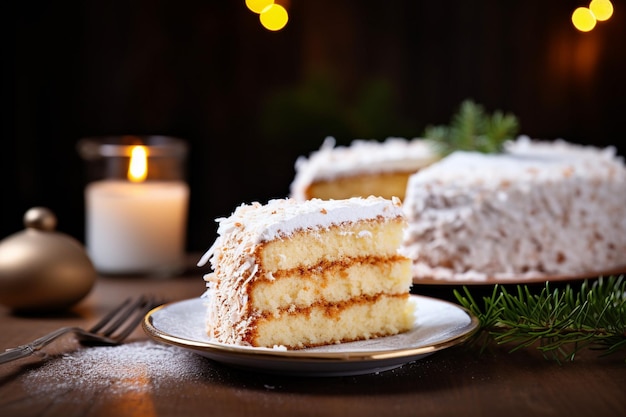 White cream coconut cake with indoor lighting