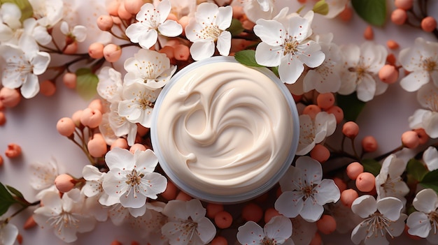 White cream in a round container on a background of green leaves Closeup top view Theme of selfcare and advertising of skin care products