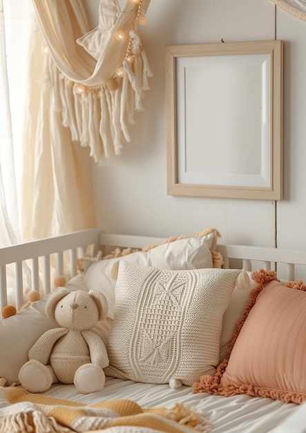 Photo a white crib with a pink pillow and a white frame with a picture of a teddy bear on it