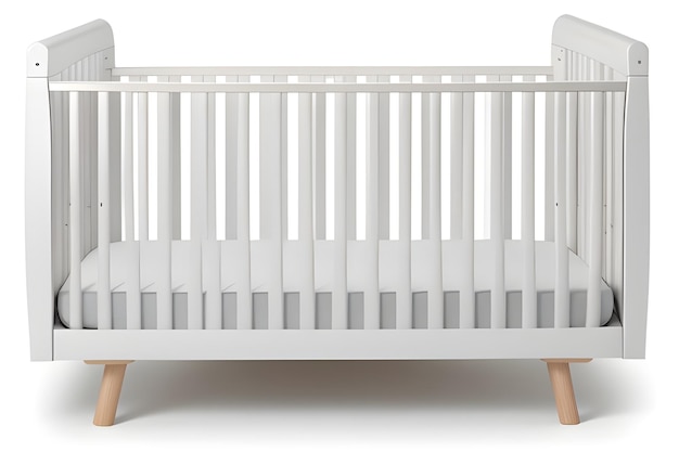 Photo a white crib with a white railing that says quot crib quot