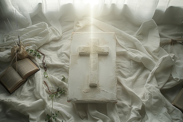 A white cross is on a bed with a book and a vase