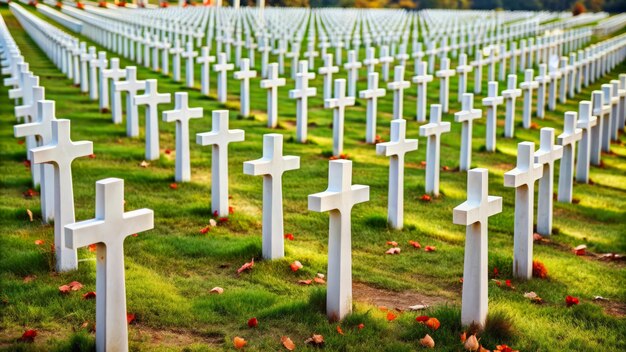 Photo white crosses in military cemetery with autumn leaves solemn and peaceful scene