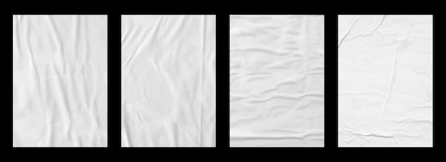 White crumpled and creased paper poster texture set isolated on black background