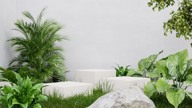 White cube pedestal in tropical forest for product presentation and white plaster wall