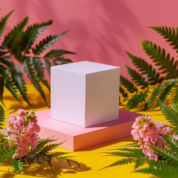 White cube podium for product placement with pink flowers and fern leaves on a pink and yellow