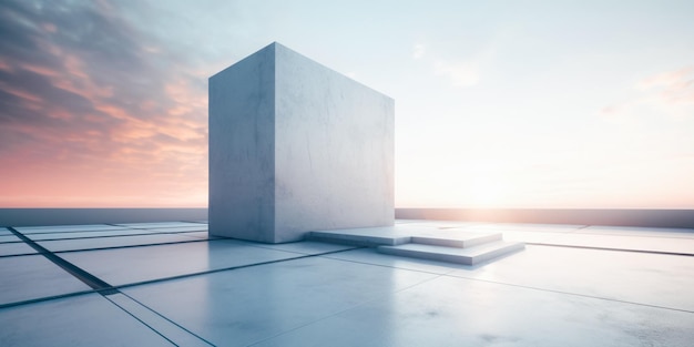 A white cube sits on a concrete floor in front of a sunset sky.