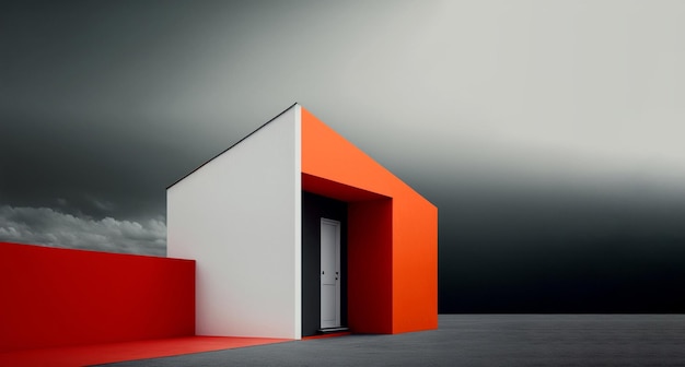 A white cube with a red door and a white door that says'the door '