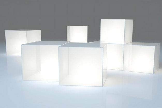 White cubes with glowing lights on gray background