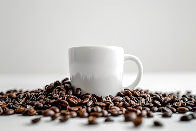 Photo white cup of coffee on a bed of coffee beans symbolizing simplicity and richness in a classic coffe