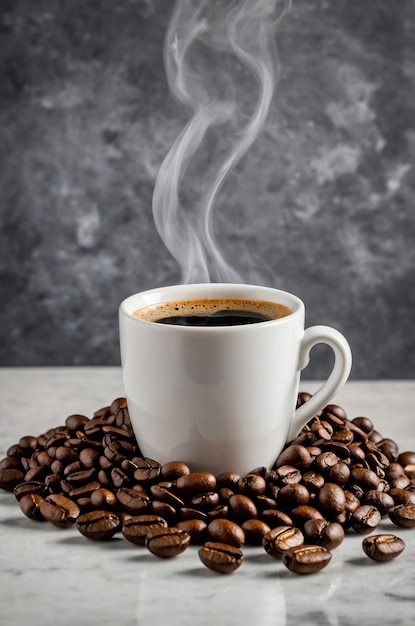 A white cup of coffee and coffee beans on a black background