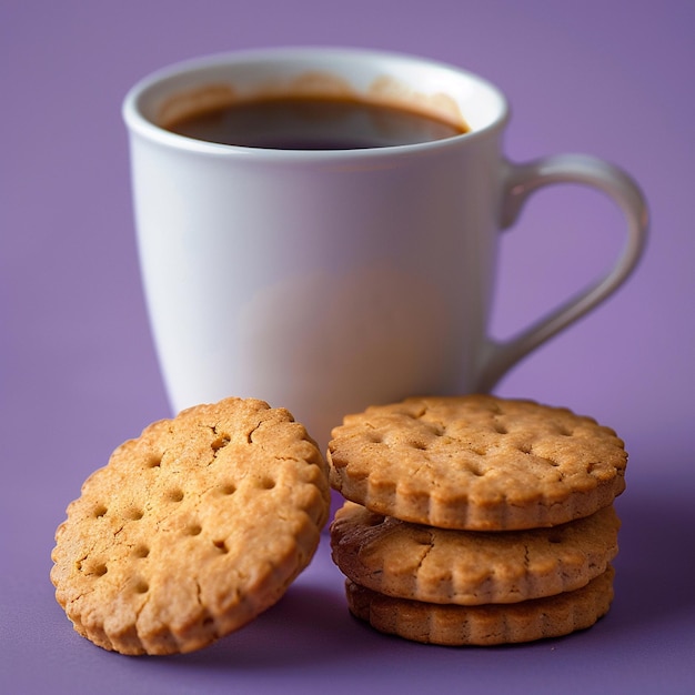 Photo a white cup of coffee and cookies with a cup of coffee on the purple background