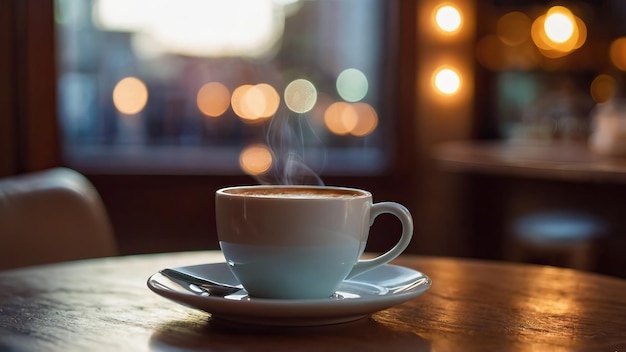 A white cup of coffee on a cozy cafe table with a soft focus and warm atmosphere