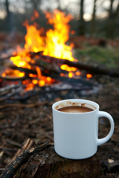 a white cup of coffee next to a fire with the words coffee in it