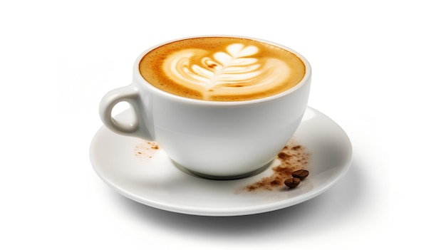 A white cup of coffee with a leaf design on the rim sits on a saucer.