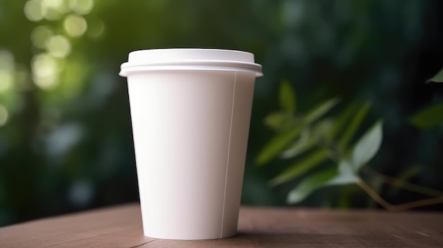 A white cup of coffee with a lid on a wooden table.