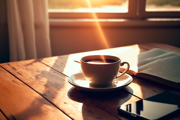 White cup of coffee on a wooden table with a phone on the background of the window Generative AI