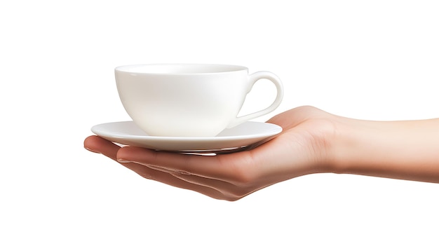 A White Cup and Saucer Held Out in a Hand