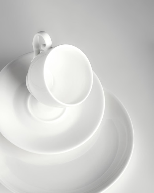 White cup saucer and plate stand on a white background