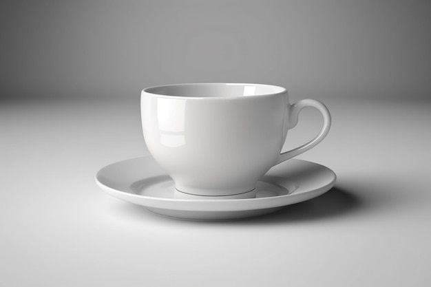 A white cup and saucer with a small saucer on a white table.