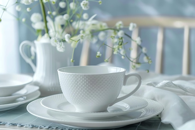 a white cup and saucer with a white cup on it